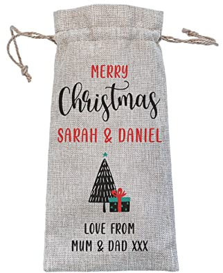 Personalised Burlap Bottle Gift Bag | Merry Christmas Wine Tote Holder | Custom Printed with Recipient Name & Love From Message