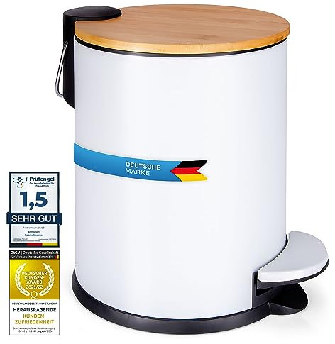 Dimono® Kosmetikeimer Bad-Mülleimer Abfalleimer 3 und 5 Liter Tret-Eimer mit flachem Bambus-Deckel und Anti-Rutsch-Tritt für Badezimmer & Küche (5 Liter)