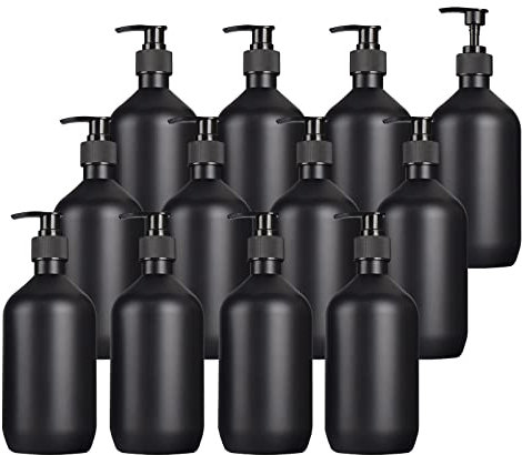 ZEOABSY 12 Piezas Vacías 500 ml Mate Negro Botella de Pet Plástico Jabón Bombas Dispensadoras Envase Cosmético para Lociones Champús de Loción Gel Cremas, Recargable, Embudo