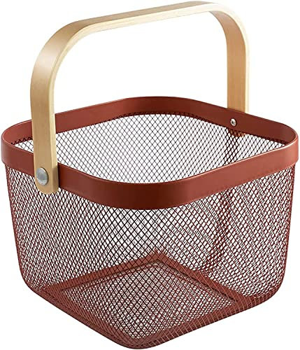 Sarmini Aufbewahrungskorb mit Holz Henkel, Multifunktionaler Metalldraht Hängende Küchenkörbe Obstkorb Ideal für Küche, Bad, Speisekammer, Garten, Schrankhaus, Einkaufen (Quadrat - Weinrot)