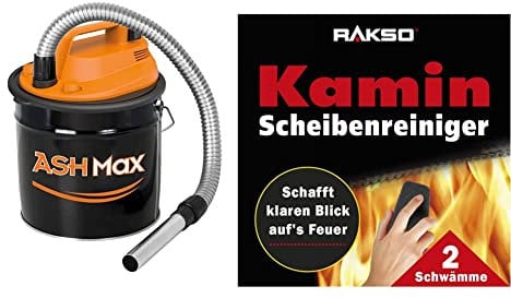 RIBIMEX PRCEN015, ASHMax Aschesauger, 1000 W, 18 L, Orange und Schwarz & RAKSO Glas-Reiniger für Kamin-Scheiben Ofenglasreiniger Schwamm Kaminreiniger Kamin-Ofen und Kaminscheibenreiniger 2 St