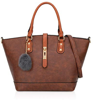 TONONE ADITAM Mode Retro Tragetaschen für Damen Shopper Taschen Schnalle Handtasche Damen Große Umhängetasche Kunstleder Schultertasche mit Bommel Kaffee Double The Comfort