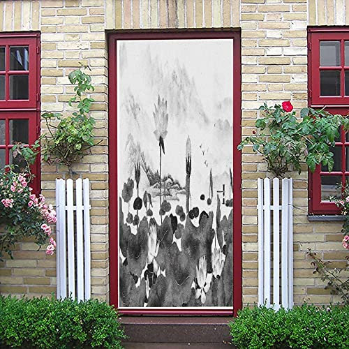 Stickers Porte Poster Peinture À L'Encre Noir Et Blanc 80 X 200 Cm 3D Papier Peint Porte Trompe L'Oeil Pour Salon Chambre Décoration De La Maison Stickers Muraux Imperméable Stickers Amovibles - Phot