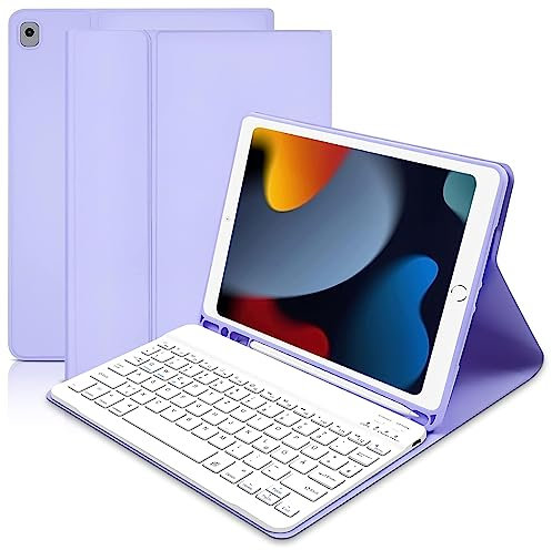 Hofsos für iPad 9.Generation Hülle mit Tastatur (Deutsches QWERTZ),Slim Schutzhülle mit Pencil Halter Wireless Abnehmbare Tastatur für iPad 9/8/ 7.Gen 10.2 Zoll(Helles Lila)