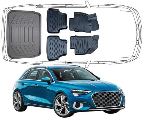 Trimak Passgenau 3D Fussmatten & Kofferraumwanne Auto Set Kompatibel mit Audi A3 HB 8V 2013-2020 Auto Zubehör Gummimatten & Kofferraummatte Autos TPE Allwetter Geruchlos rutschfest Schwarz