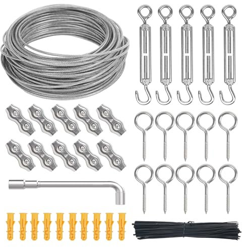 LAIWOO 30M Drahtseil, 304 Edelstahl Drahtseil 3mm, Stahlseil mit ösen Kit für String Light Aufhängung, Wäscheleine, Rankhilfen für Kletterpflanzen