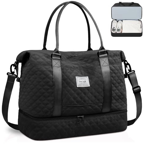 BAGAIL Reisetasche, Wochenendtasche für Damen, Übernachtung, Fitnessstudio, Tragetasche mit Nasstasche, Krankenhaus-Muttertasche für Arbeit und Lieferung, B-Gitter, schwarz, Extra Large, Reisetasche