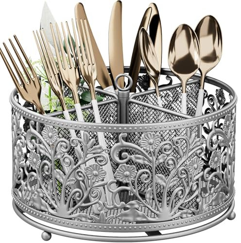 YIUKEA - 360° Rotating Cutlery Organizer, Utensil Holder with 4 Compartments, Decorative and Modern Style, Metallic Silver