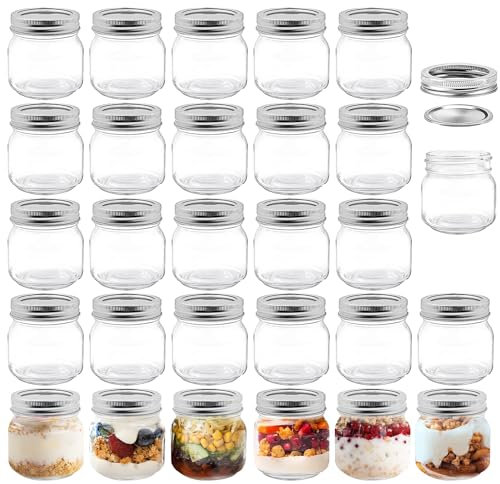 LYCN 28 Pack Small Glass Mason Jar,8oz/240ml Regular Mouth Canning Jars,Clear Mini Glass Mason Jar with Metal Split Lids for Honey Spices Pickling Jam Jelly Overnight Oats