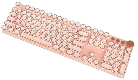 TISHLED Typewriter Style Mechanical Gaming Keyboard White LED Backlit 104-Key NKRO Pink Switches Retro Round Keycaps Golden Ring Volume Knob Metal Panel Wired USB-C Detachable Cable, Pink