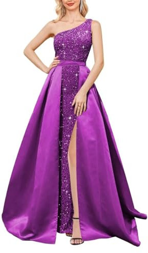 KURFACE Abito da ballo da donna in raso con paillettes abito da sera monospalla abito da sera per bambini WSX471 fucsia UK16