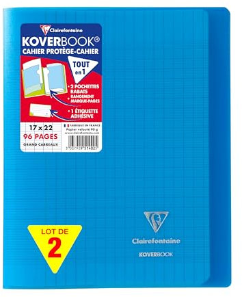 Clairefontaine 951402AMZC Un lot de 2 Cahiers Agrafés Koverbook - 17x22 cm - 96 Pages Grands Carreaux 90 g - Couverture Polypro - Couleur : Bleu