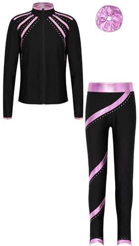 iiniim Mädchen Sport Kleidung Set Eiskunstlauf Anzug Glitzer Sweatjacke + Sport Hose Leggings + Haarband Trainingsanzug Gymnastik Yoga Tanzkleidung Rosa 122-128