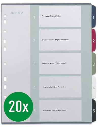 Leitz A4 Register, 20er Pack, 1-5, 5 Trennblätter, Beschriftbares Deckblatt, Extrabreit, PP, Style, Mehrfarbig, 12350000