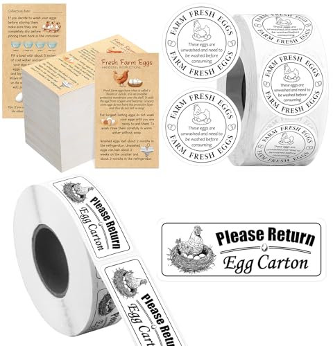 Humyoun Fresh Farm Egg Packaging Set Include 500 Pcs Farm Fresh Eggs Carton Labels Roll 200 Pcs Double Sided Egg Handling Instruction Cards 500 Pcs Please Return Egg Carton Labels Stickers Roll