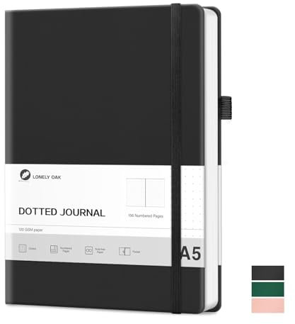 Lonely Oak Notizbuch A5 Dotted Hardcover, Bullet Journal 120g/m²Dickes Premium Säurefreies Papier, 156 Seiten Journal mit Gummiband & Innentasche, 14,5 x 21,3 cm (Schwarz)
