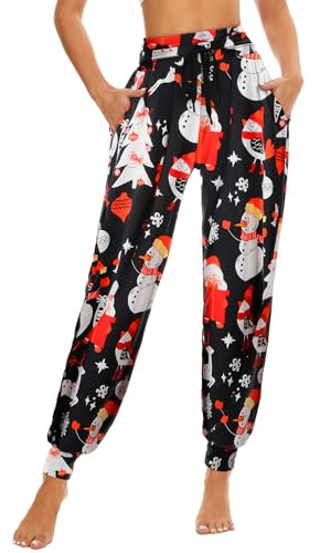HAPYWER Weihnachten Hose Damen Haremshose für Lounguewear Festlich Yoga Workout Hose Leichte Pyjamahose Weiche Locker Bequem Hose mit großen Taschen(Weihnachten1-Schwarz,L)