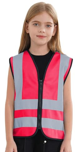 MSemis Gilet de Haute Visibilité pour Garçon et Fille - Sécurité Standard Sans Manches, Réfléchissant Zippé, Signalisation, Travail - 3-12 Ans, Rose Chaud, 3-4 Ans