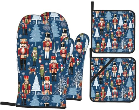 (Women's Nutcracker Ballet Xmas Dance) Print Pot Holders and Oven Mitts Sets 4 Pcs for Kitchen Waterproof Non-Slip Heat Resistant Gloves Hot Pads for Grilling BBQ Cooking Baking, Kitchen Essentials