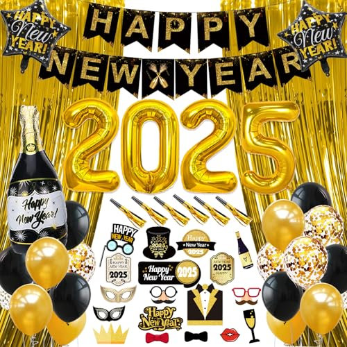 Silvester Deko 2025, Neujahr Deko 2025 Schwarz Gold- Neujahrsdeko, Happy New Year Banner, XXL 2025 Folienballons,Silvester Fotorequisiten, Ballons Silvesterpartydeko Accessoire