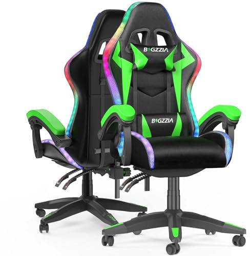 Racingreat Gaming Chair with Led Lights, Video Game Chair, Ergonomic RGB Gaming Chair for Adults, Height Adjustable Reclining Computer Chair with Headrest and Lumbar Support (With RGB, Green)