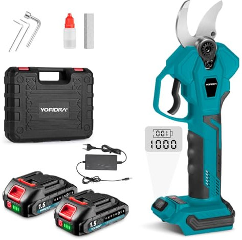 Yofidra Akku Astschere - 45 mm Schnittdurchmesser, Maximale Öffnung 63mm, 4 Gang Bürstenlose Elektrische Gartenschere mit 2 Akkus, LCD-Display, Ladegerät, für Baum- und Strauchschnitt und Gartenpflege