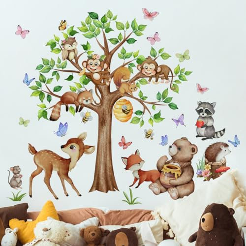 Purekay Wandtattoo Dschungel Tiere Groß Baum Wandaufkleber Bär Hirsch Igel Waschbär Eichhörnchen Wandsticker Babyzimmer Kinderzimmer Schlafzimmer Wohnzimmer Wanddeko