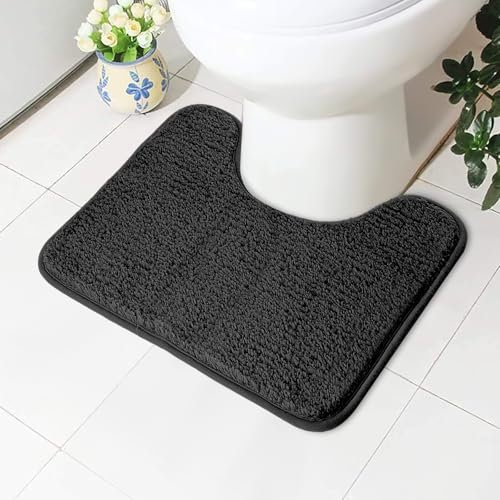 AUAUY Tapis de Bain Antidérapant à Poils Longs, Tapis de Douche Absorbant, Tapis de Toilette en Microfibre, Tapis de Toilette Épais en Forme de U pour Salle de Bain, 50 X 40 cm, Noir