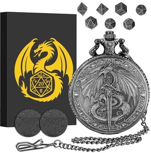 7-teilige Polyedrische Metall D&D Würfel, Mini DND Würfel Set, mit Fliegender Drache und Schwert Taschenuhrgehäuse, DND Geschenke mit Geschenk Box, Rollenspiele-Brettspielzubehör Würfel, Dunkel Silber