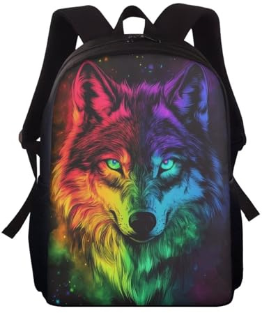 Wnbucioht Kinder-Rucksack für Schule, Büchertasche, Jungen, Mädchen, Schulranzen, 38,1 cm, personalisierbar, Tierischer bunter Wolf, Einheitsgröße