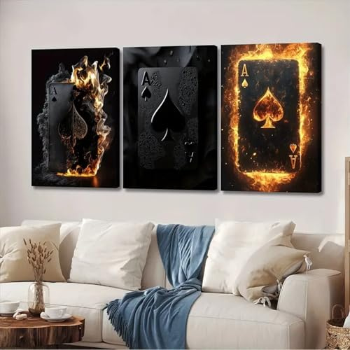 TROYSINC 3er Bilder Set Poster – Black Jack A Flammen Triptychon, Industrielle Deko für Gaming Room & Bar, Schwarze Spielkarte Wandbild für Wohnzimmer & Studio (A, 40x50cm)
