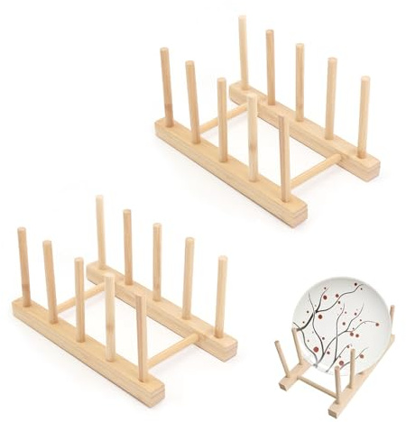 KLVGTIFS 2 Stück Tellerständer Holz Abtropfgestell mit 4 Slots | Geschirrabtropfgestell Tellerhalter Tellerregal Halter Küchenschrank Organizer für Aufbewahrung Geschirr, Topf Deckel, Buch