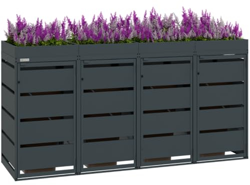 MBOX24 Classic Flora | 4er Mülltonnenbox für Mülltonnen bis 120 Liter - mit Pflanzdach - Mülltonnenverkleidung aus verzinktem Stahl in Anthrazit, robust & wetterfest
