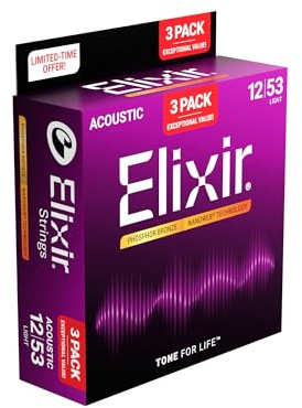 Elixir Acoustic Phosphor Bronze Guitar Strings w/NANOWEB® Technology - Light 12-53 - (3 Pack 16052) Limited Holiday Release