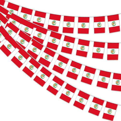 AhfuLife Peru Wimpelkette mit 30 Klein Stück Peruanisch Flaggen, 2 Stück Beidseitig Rechteck Stoff Peru Wimpel Fahne für WM 2026 Fußballspiel Restaurant Bar Zaun Deko
