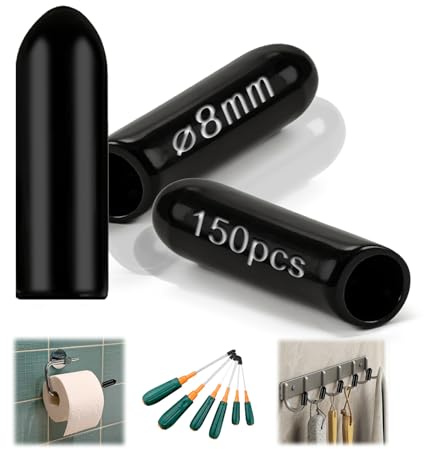 PDKKFF 150 Piezas Tapones de Goma 8mm, Protectores de Rosca de PVC Negro, Tapones de Extremo de Goma para Tornillos, Tubos, Pernos, Varillas y Patas de Sillas