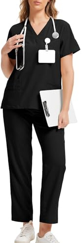 LAZAWG Scrubs Uniforms Women Set with Pockets V-Neck Short Sleeve Scrub Top and Pants Comfortable Work Suits