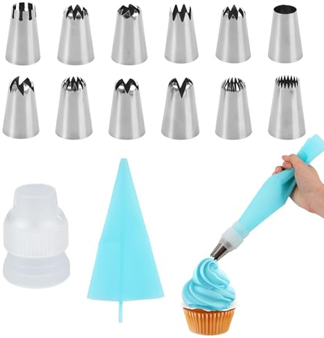 12st Stora Spritsmunstycken med Adapter och Bakpåse, Rostfritt Stål Återanvändbara Spritsmunstycken med Flera Former Tårtdekorationsverktyg för Cupcakes Kakor Bakdeg och Baktillbehör