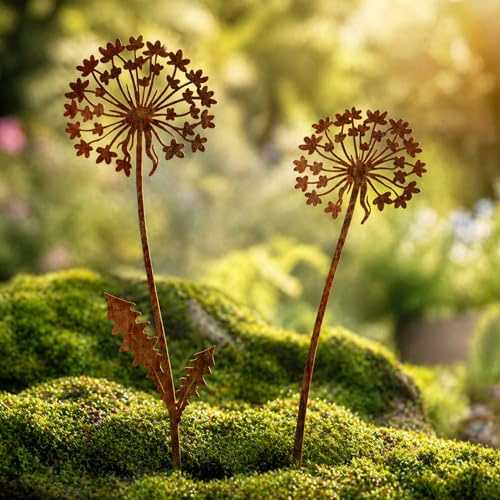 2 Stück Gartenstecker Rost Pusteblume, 28cm Blumenstecker Edelrost Löwenzahn aus Draußen Wetterfest Metall, Rostige Gartendeko Rost Deko für Garten, zur Dekoration von Gärten, Terrassen, Höfen, Parks