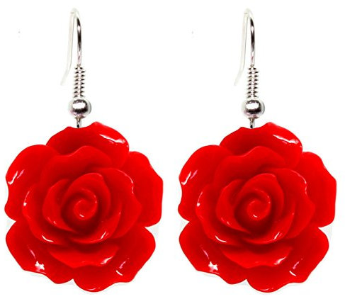 Bluebubble ENGLISH ROSE 22mm Ruby Red Carved Rose DANGLE Earrings on Gift Card