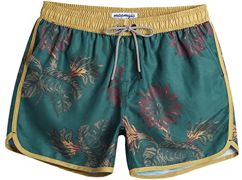 maamgic Mens Short 80s 90s Vintage Swim Trunks with Mesh Lining Quick Dry Bathing Suit Board Shorts Floral Dark Green Medium