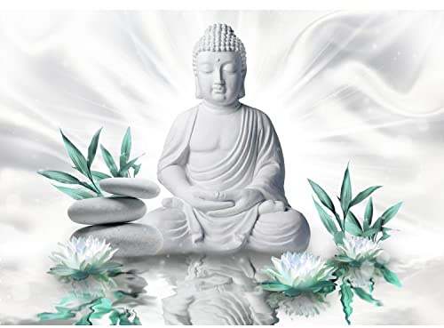 Runa Art Wallpaper 396 x 280 cm Buddha Flowers Zen Non-Woven Decoration Print Wall Mural Living Room - Made in Germany - Weiss Turquoise 9289012b