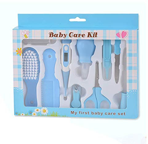 TEEROVA Baby Grooming Kit 10pcs Newborn Nursery Health care Set Baby Nail Clipper File Scissor Tweezer Thermometer Brush Comb (Blue)