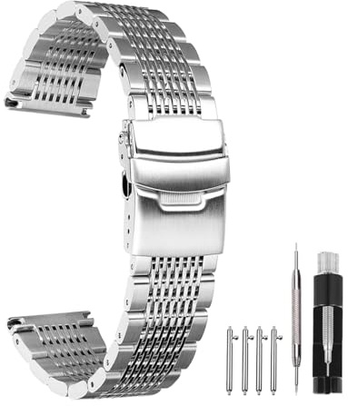 Kai Tian Uhrenarmband Metall 20mm Mesh Silber, Doppelschlösser Faltschließe Uhrenärmband Ersatz Edelstahl Armband Armbanduhr für Herren Damen