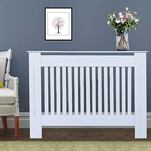 ZanGe Radiator Cover White Premium Durable MDF, Vertical Slatted Design, Wood Grill Modern Heating Home Furniture Cabinet Shelf Shelving Easy Assembly- Medium H82 x W112 x D19 cm