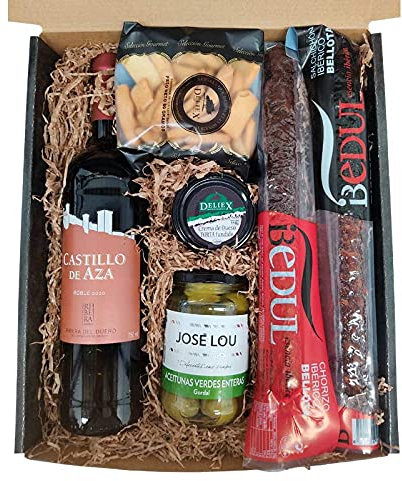 Cesta Gourmet con Vino Castillo de Aza, Embutidos ibéricos, Aceitunas, Queso y Picos Deliex. Un Lote Gourmet para Regalar en cumpleaños, día del Padre o de la Madre, Navidad o por Agradecimiento