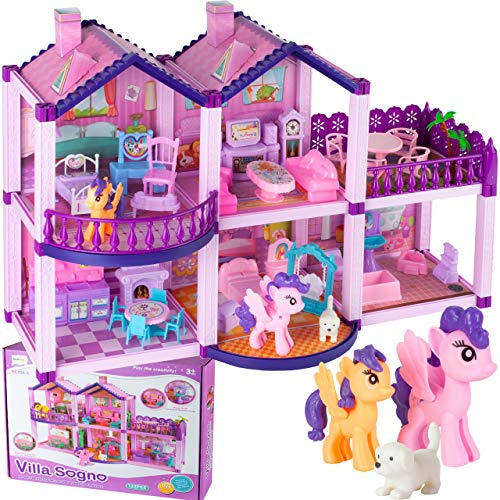 MalPlay Puppenhaus mit Möbeln, Ponys und Zubehör | Klappbar | Tragbar | tolles Geschenk für Kinderab 3 Jahren