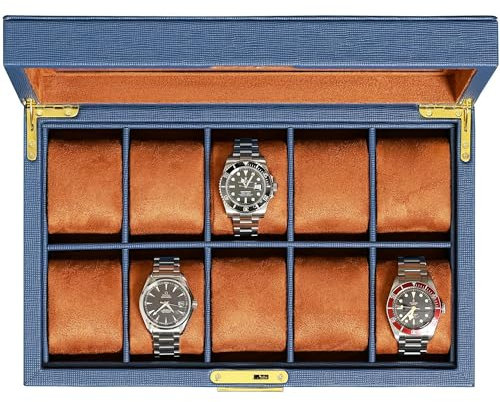 ROTHWELL Uhrenbox mit 10 Fächern – Luxus-Uhrenetui mit weichem Futter, abschließbarer Schmuckuhrenhalter mit großem Glasdeckel (Blau/Hellbraun)