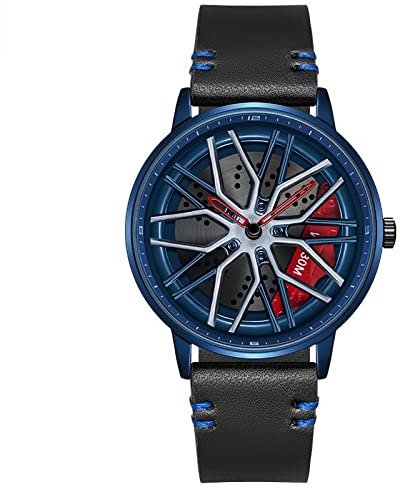 RWXCOW Auto Rad Felgen Nabenuhr - Hohl wasserdicht Sport Uhr für Herren Geschenke Armbanduhren, wasserdichte Edelstahl Armbanduhr, wasserdichte Edelstahl Armbanduhr.Lederarmband(BlauesZifferblatt)