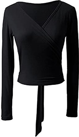 Alvivi Damen Bolero Jacke Langarm Schulterjacke Ballett Tanzjacke Wickeljacke Kurz Oberteile für Gymnastik Yoga Tanz Training D Schwarz M